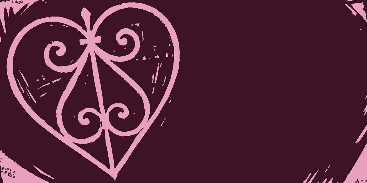 A pink ornate heart outline with a cross motif on a dark burgundy background, with distressed brushstroke textures and open space on the right.